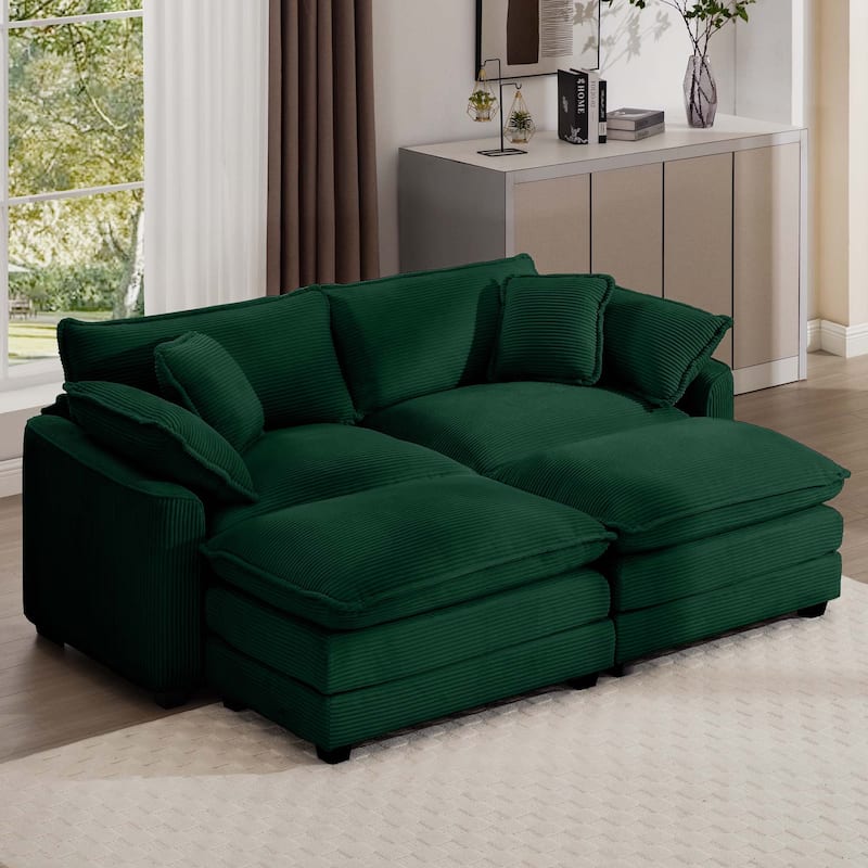 GDFStudio - Fiber Corduroy 2 Seater Sofa with Dual Ottomans Set - Green