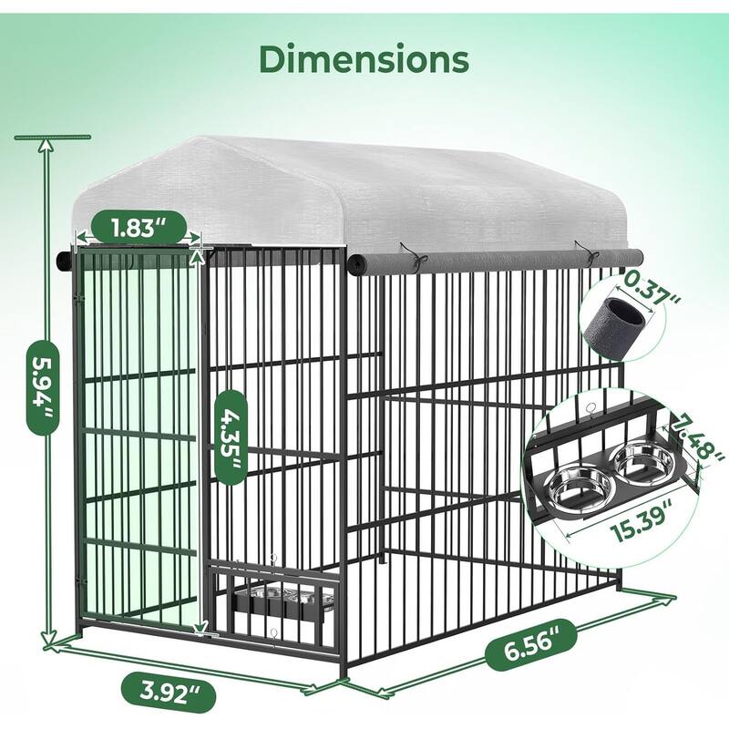 Large Outdoor Dog Kennel with Bowls and 360° Rotating Feeding Door, 6.6×3.9×5.9FT