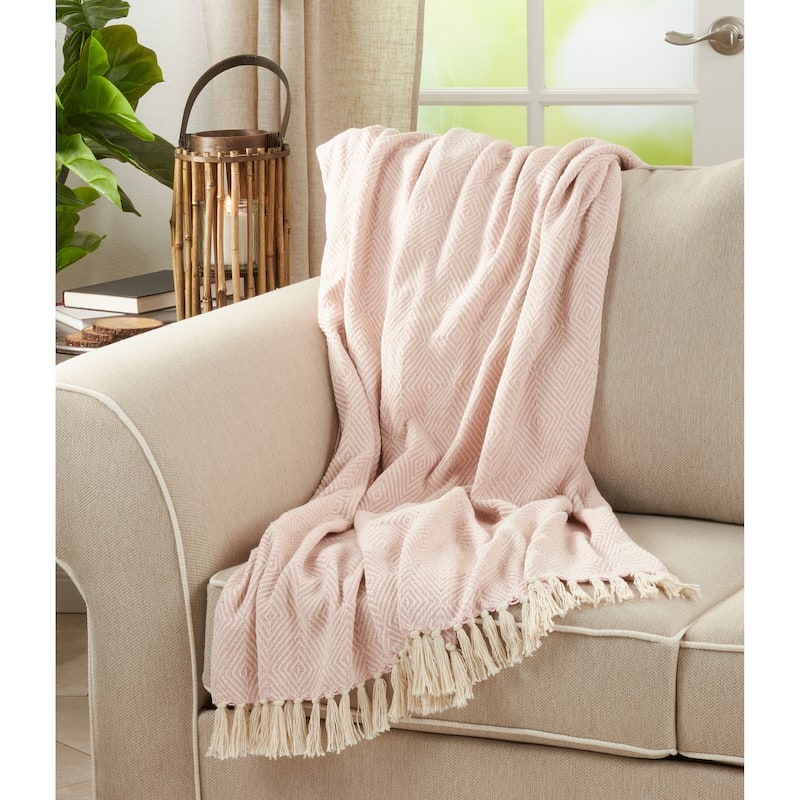 Cotton Throw Blanket with Diamond Weave Design - Pink