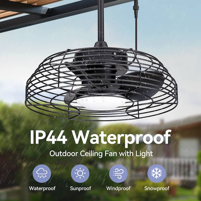19" Industrial Black Indoor/Outdoor Chandelier Caged Ceiling Fan with Light and Remote