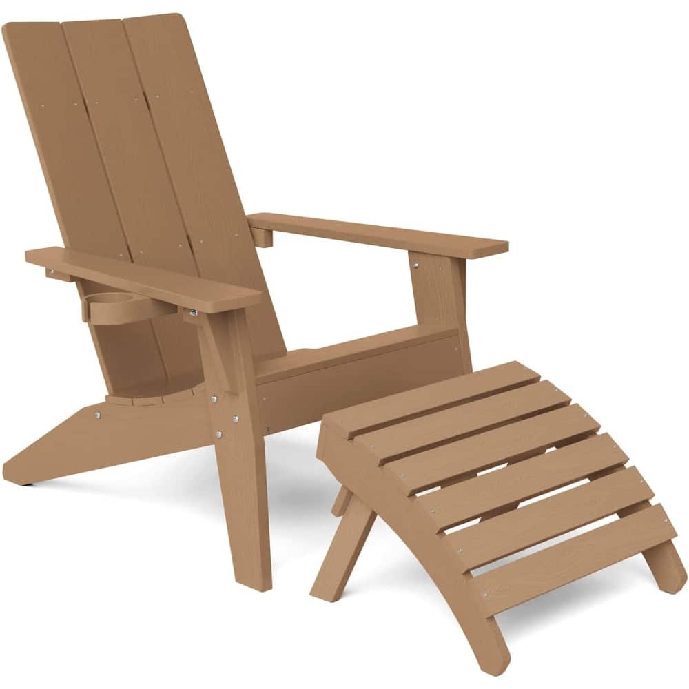 WINSOON 2-Piece All Weather HIPS Outdoor Adirondack Chair with Cup-Holder and Ottoman