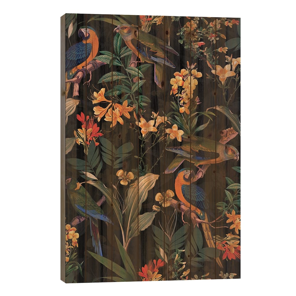 Colorful Parrots Midnight Jungle Print On Wood by UtArt - Multi-Color
