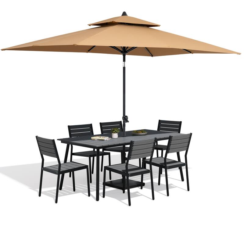 9-Piece Patio Dining Set Aluminum Dining Table and Stackable Chairs with Umbrella and Base - Grey