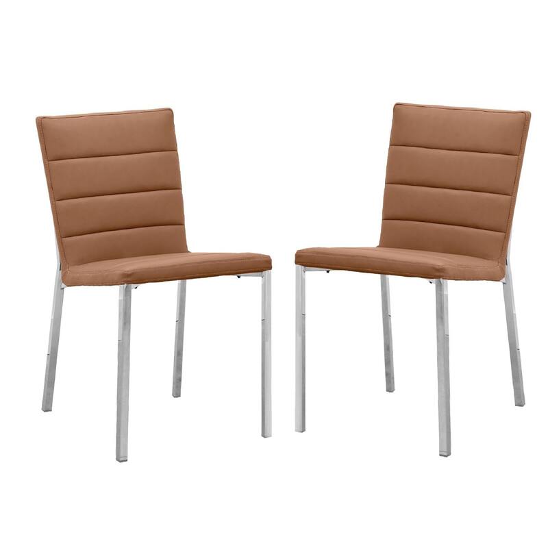 Eun 23 Inch Faux Leather Dining Chair, Metal Chrome Legs, Set of 2, Cognac