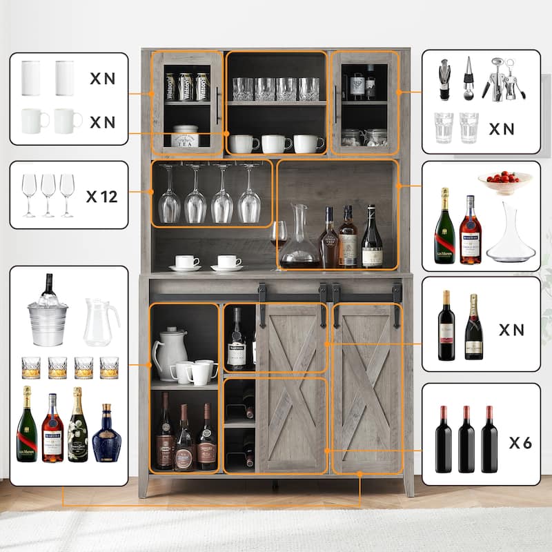 Tall Farmhouse Bar Cabinet with Sliding Barn Door Coffee Bar Sideboard Table