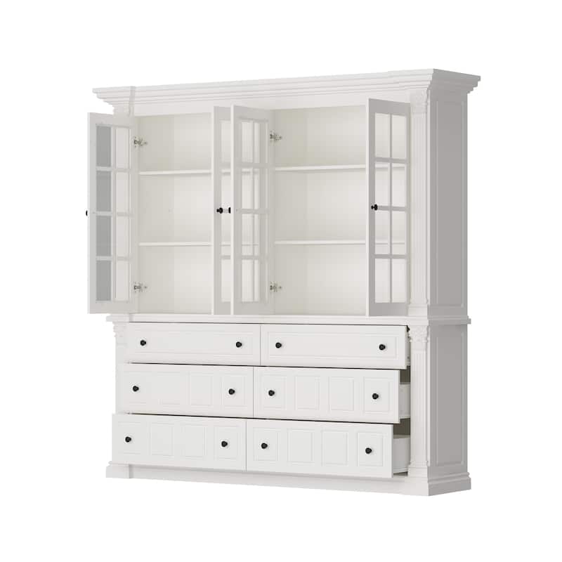 White Glass Door China Cabinet with Drawers, Large Buffet Hutch Sideboard Storage Cabinet for Dining Room - 74.8"x74.8"