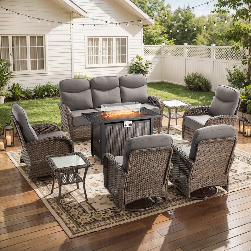 Pocassy Outdoor Sofa Swivel Chair and Ottman with Fire Pit Table - Brown Wicker Gray Cushion - 8PCS Sofa Swivel Chiar w/ Rectangle Fire Table