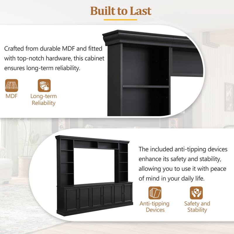 4-Piece Wall Unit Entertainment Center with Bookshelf for TVs Up to 70", Mid-Century Modern 97.4" TV Stand with Adjustable Shelf