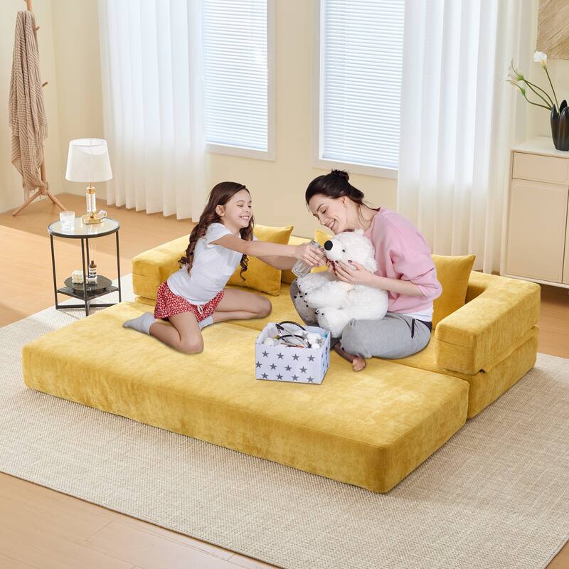 6-in-1 Folding Memory Foam Sleeper Sofa Bed Chenille Floor Chaise Lounge Couch with Side Pocket, Removable & Washable Cover