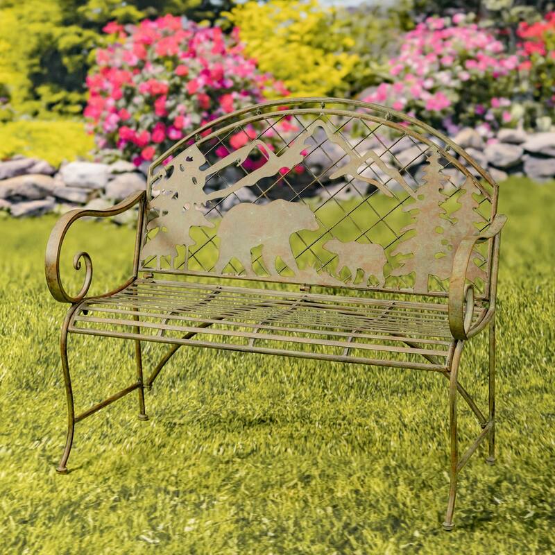 Round Top Bench with Grizzly Bear & Mountain Silhouette "Yellowstone" - 43.7" L x 20.47" W x 38.58" H