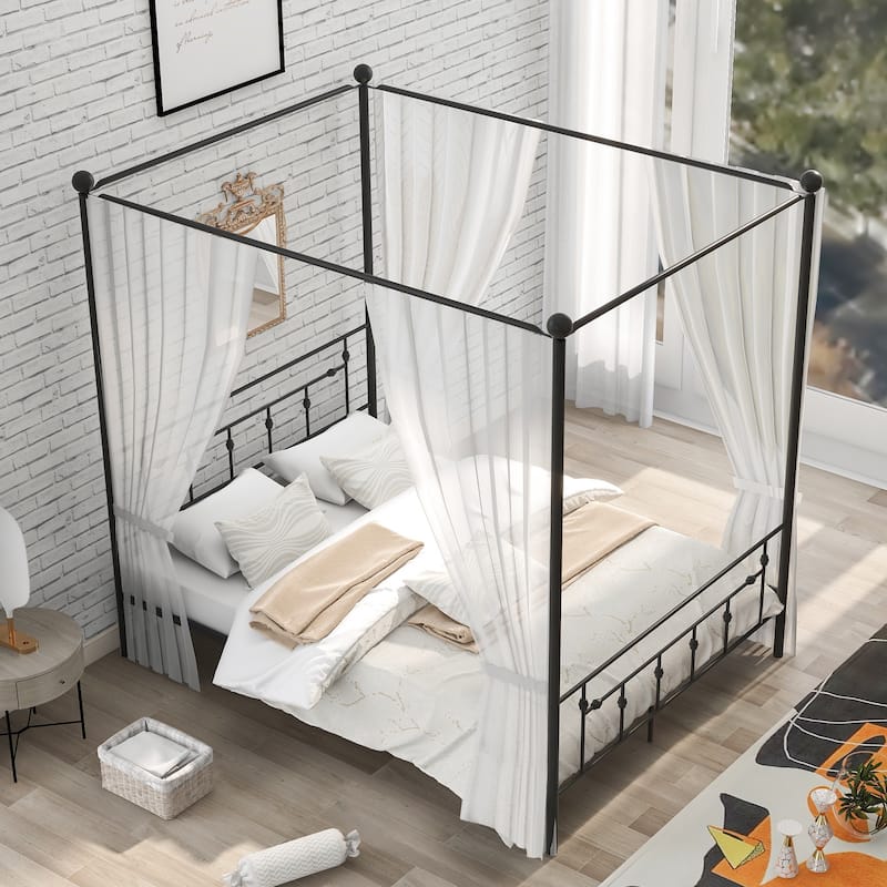Queen Size Metal Canopy Platform bed with Headboard, Black/White