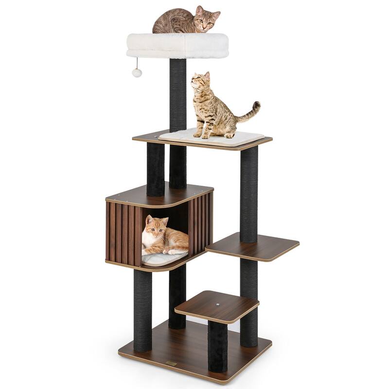 Gymax 59.5'' Tall Cat Tower w/Cushion Top Perch Detachable Mats - Brown
