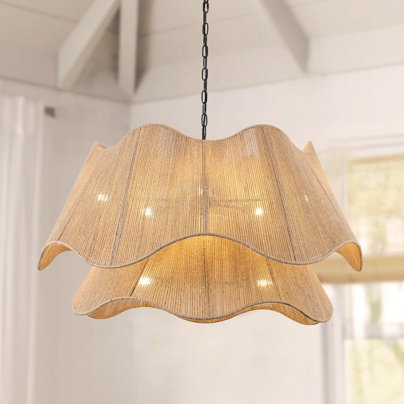 8-Light Matte Black 2-Tiered Hand Woven Natural Rattan Chandelier Modern Ceiling Light - 39.57 Wide