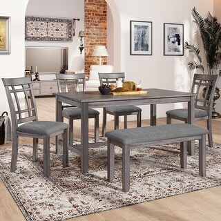6 Piece Wooden Dining Table set with Rectangular Dining Table and Bench ...