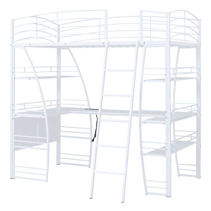 Full/Twin Loft Bed with L-Shaped Desk, 4 Storage Shelves, Sockets, USB Ports, Wireless Charging, and Metal Frame