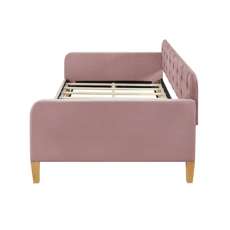 Twin Size Velvet Upholstered Daybed with Slatted and 4 Wooden Support Legs, Button Backrest Platform Bed Frame