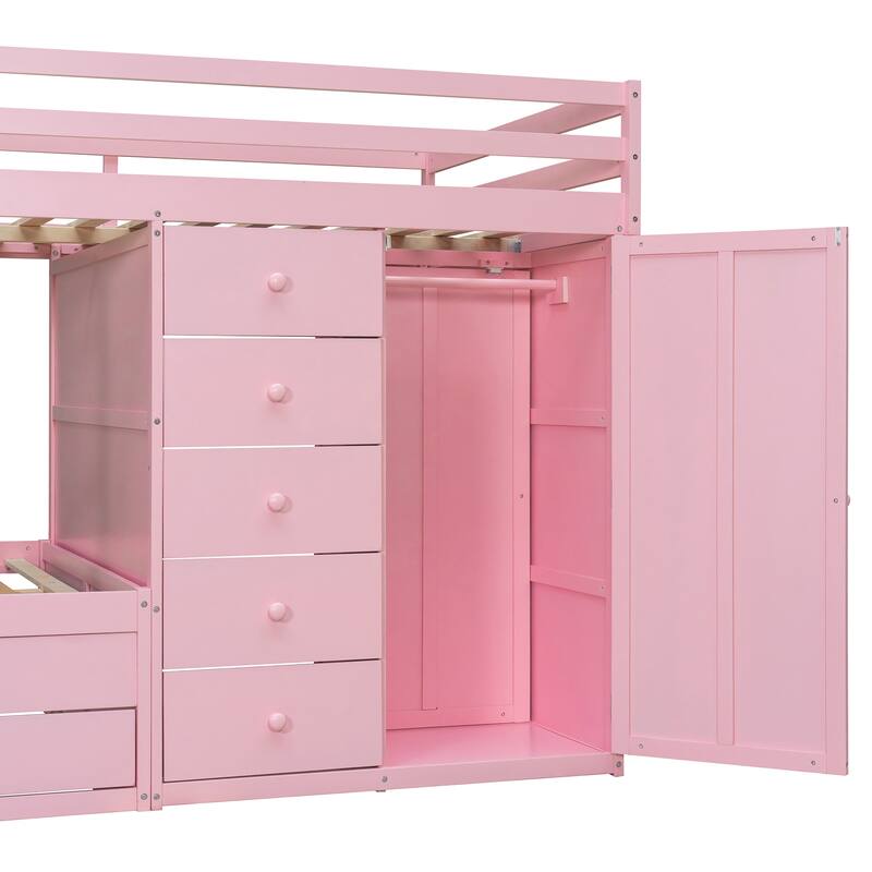 Roomfitters Full Size Bunk Bed with Drawers and Mini Wardrobe, Solid Wood