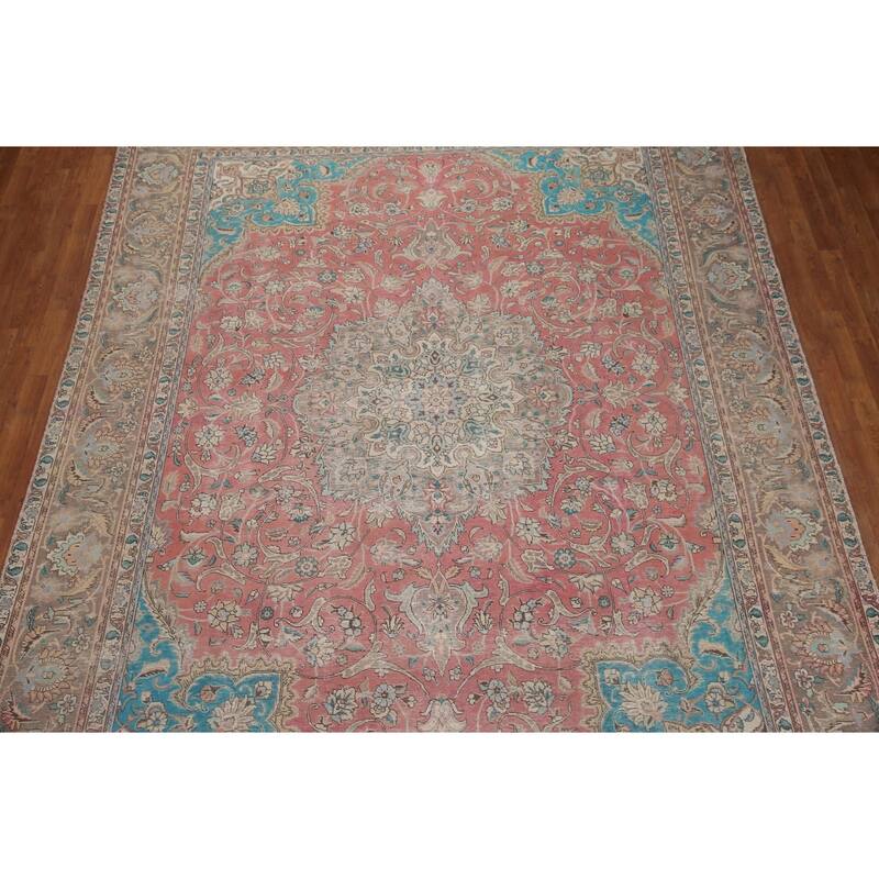 Hand Knotted Oriental 100% Wool Carpet Traditional Floral Pink Mashad Area Rug - 12' 9'' X 9' 4''