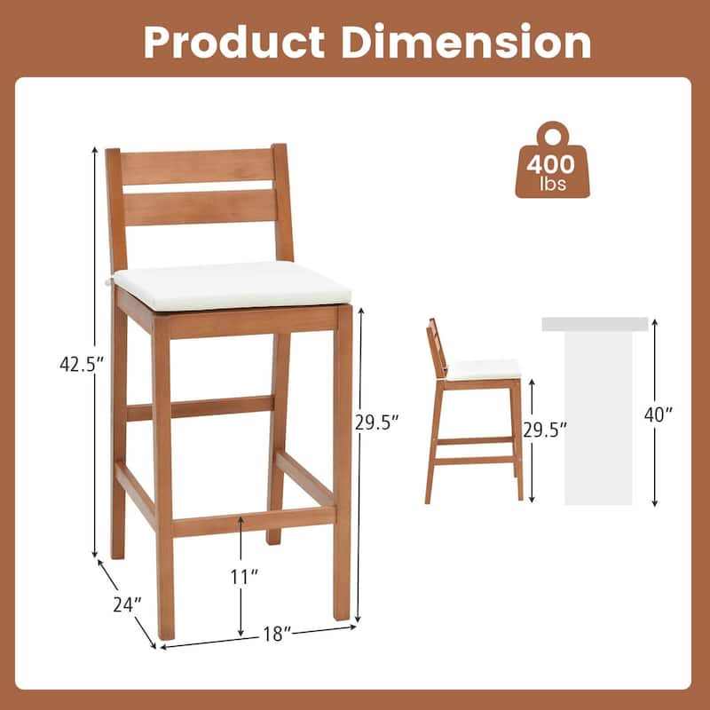 2/4 PCS Outdoor Wood Barstools Wood Bar Height Chairs Cushioned Seat