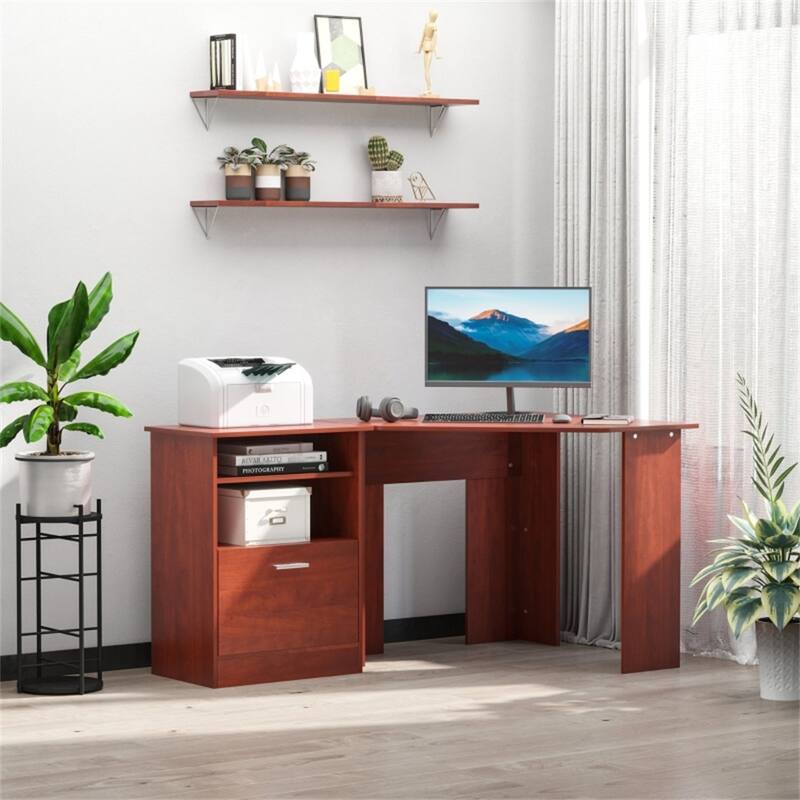Natural Woodgrain Computer Desk with Storage Drawer and 2 Open Shelves for Home or Office Use