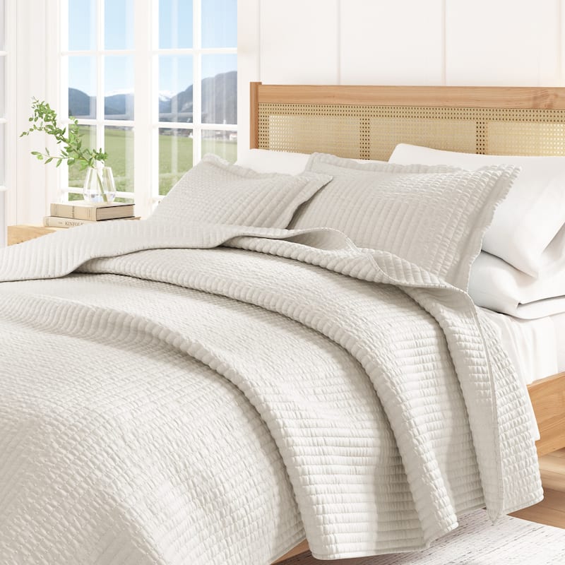 Linery & Co. Detailed Channel Stitch Microfiber Quilt Set With Shams. - Light Gray - Twin