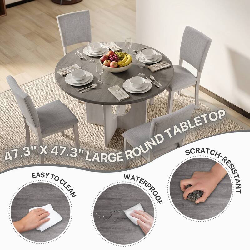 Rossetta 5-Piece Contemporary Transitional Style Dining Set with X-Crossed Base Round Table and 4 Upholstered Fabric Chairs