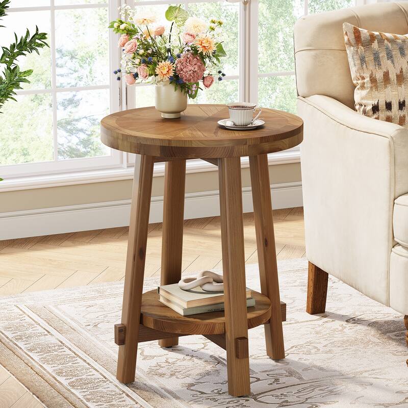 Solid Wood Side Table, Round End Tables with 2-tier Storage - 19.69" D x 19.69" W x 25.98" H
