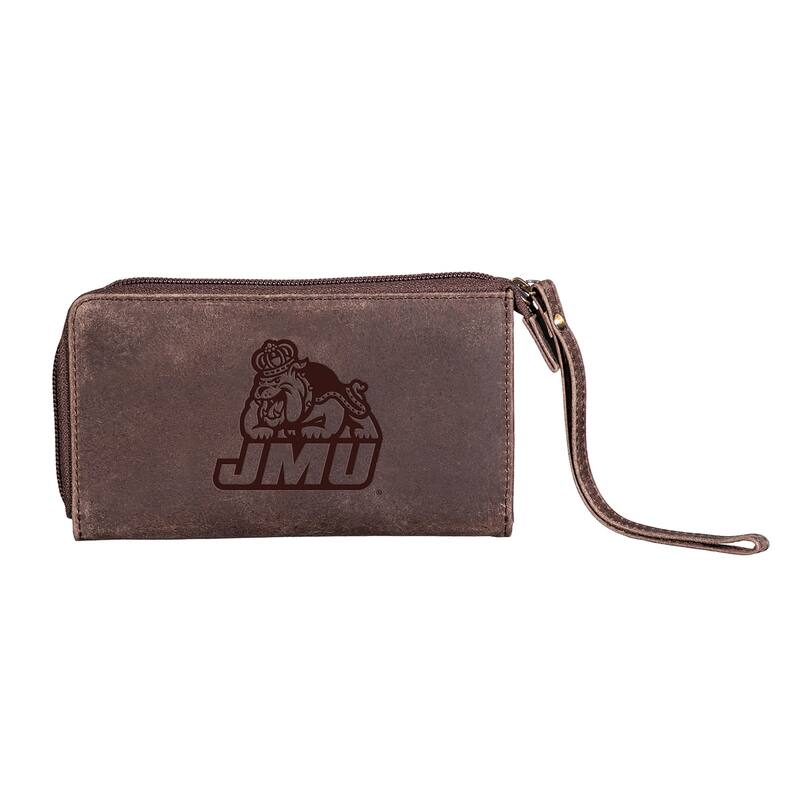 Brown Leather Cell Phone Wristlet Wallet, James Madison University - 4" x 7"