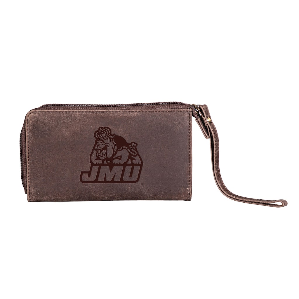 Brown Leather Cell Phone Wristlet Wallet, James Madison University - 4" x 7"