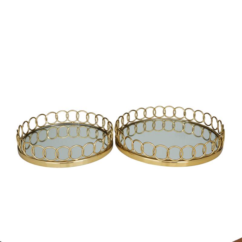 Gold Stainless Steel Metal Mirrored Tray with Circle Patterned Sides (Set of 2) - 16", 14"W