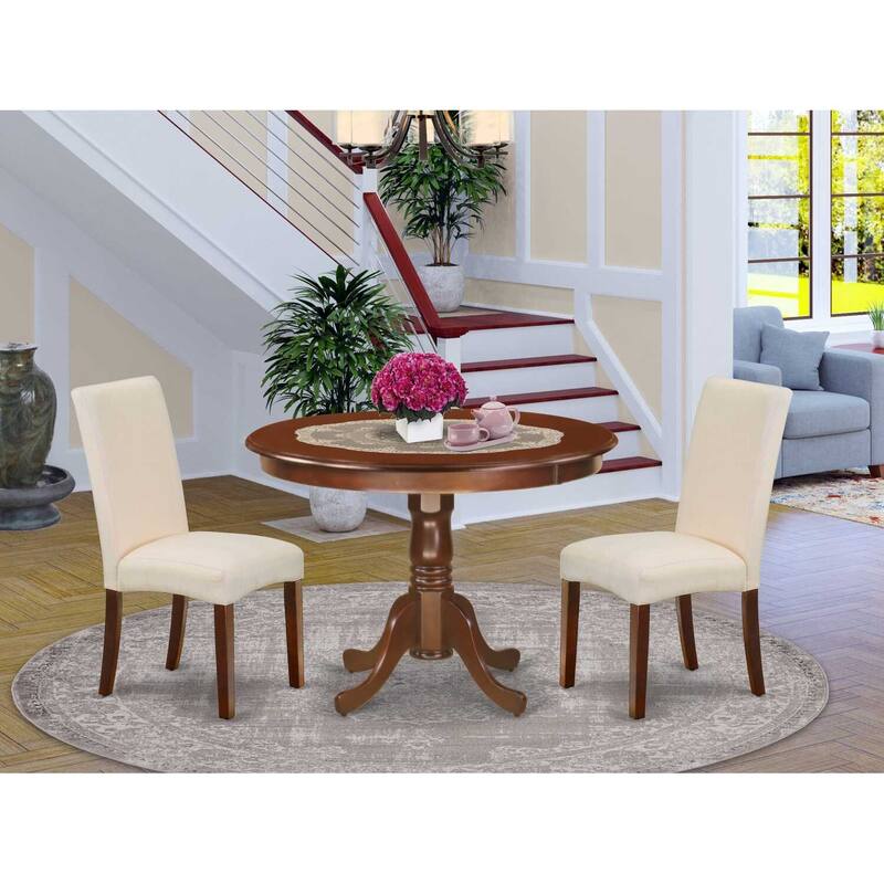 HomeStock 3-Piece Round Mahogany Finish Solid Wood Top Dining Table with 2 Parson Chairs