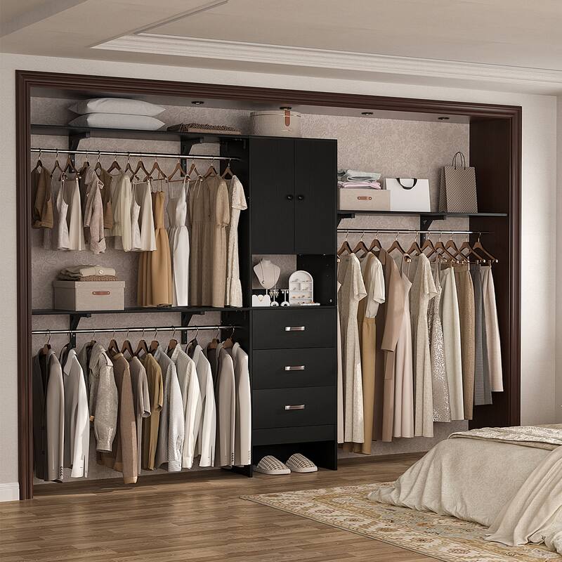 Rackcog 20.3'' - 120'' Large Closet Organizer with Doors, Closet System with Drawers and Hanging Rods (can be cut to fit) - Black