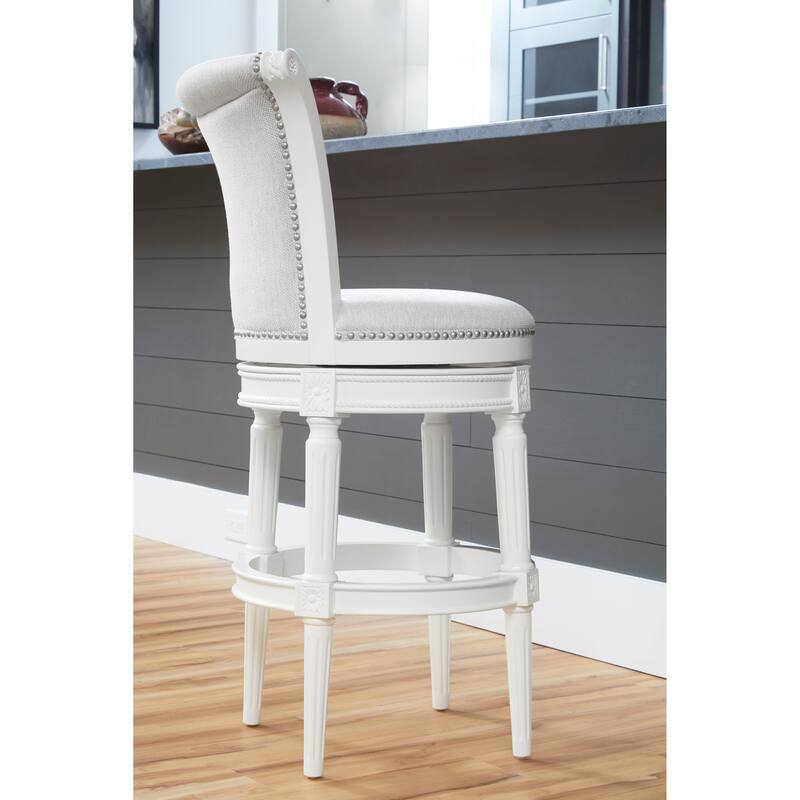 New Ridge Chapman Bar Height Swivel Barstool, Farmhouse White with Grey Upholstered Seat and Back