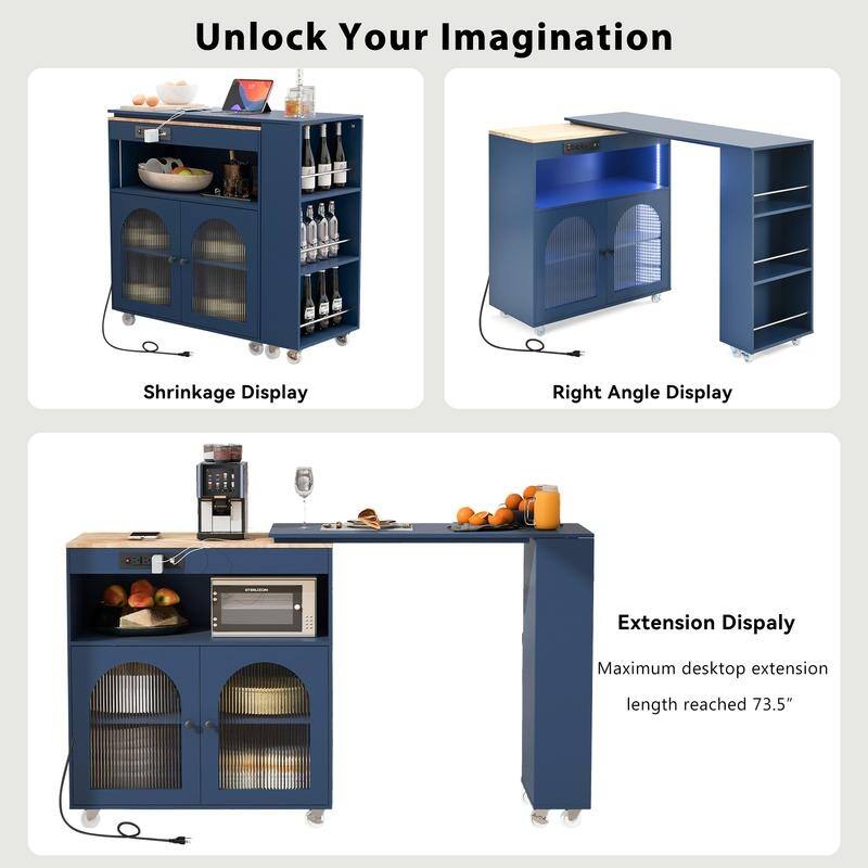 Kitchen Cart with Movable Extended Table,Kitchen Island on Wheels with Power Outlets,2 Fluted Glass Doors,3 Open Shelves
