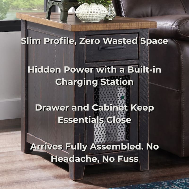 Rustic Solid Wood Chairside End Table with Hidden Charging Station