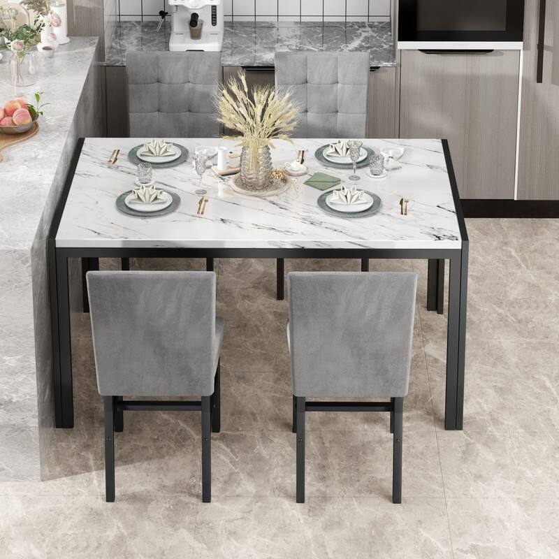 Grondin Faux Marble Kitchen Table And Chairs Set for 4, Modern Dining Room Table With 4 Armless Upholstered Dining Chairs