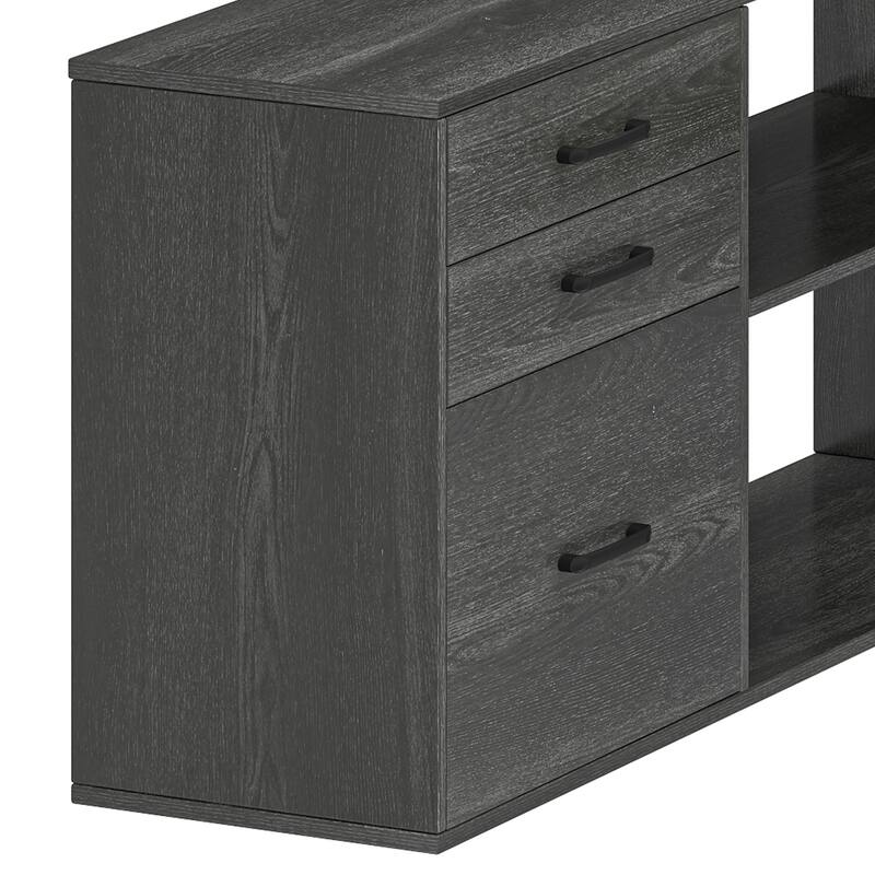 Moasis Farmhouse L Shaped Desk with Drawers, Power Outlets & LED Lights