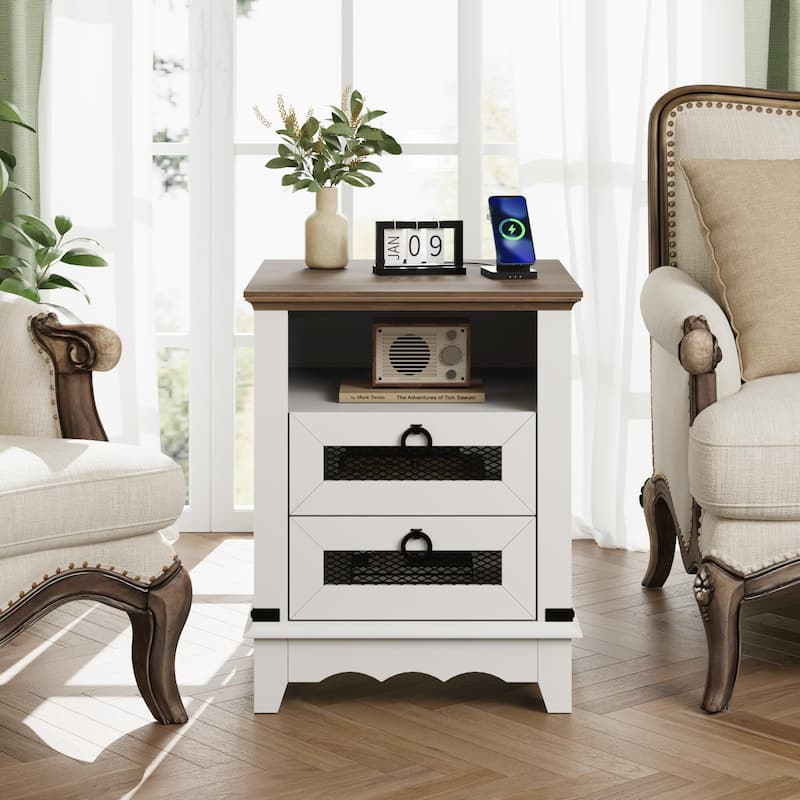Farmhouse Nightstand 18" inch Side Table with Charging Station Bedside Table with 2 Drawers Night Stand