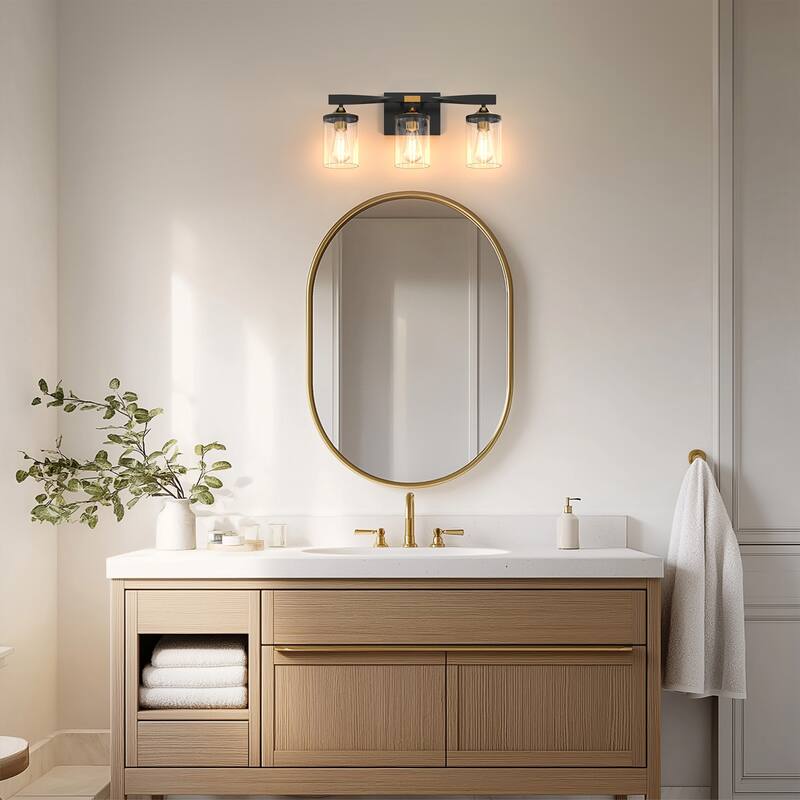 YANSUN 3-Head Industrial Vanity Light with Black Gold Finish and Clear Glass Shade - Modern Retro Style