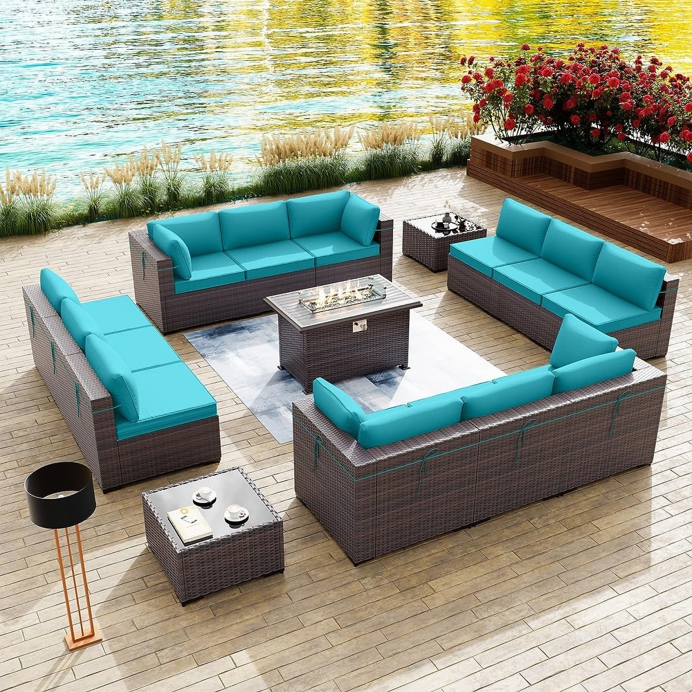 Kullavik 15 Pieces Outdoor Patio Furniture Set with Fire Pit Table