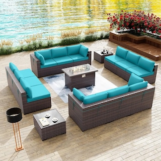 Kullavik 15 Pieces Outdoor Patio Furniture Set with Fire Pit Table