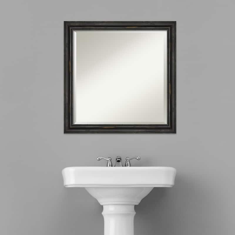 Beveled Wood Bathroom Wall Mirror - Rustic Pine Black Narrow Frame