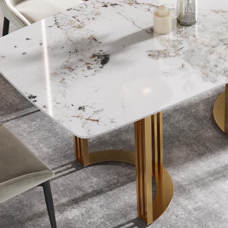 Modern Dining Table, White Sintered Stone Tabletop Rectangular Dining Table with Carbon Steel Base - N/A