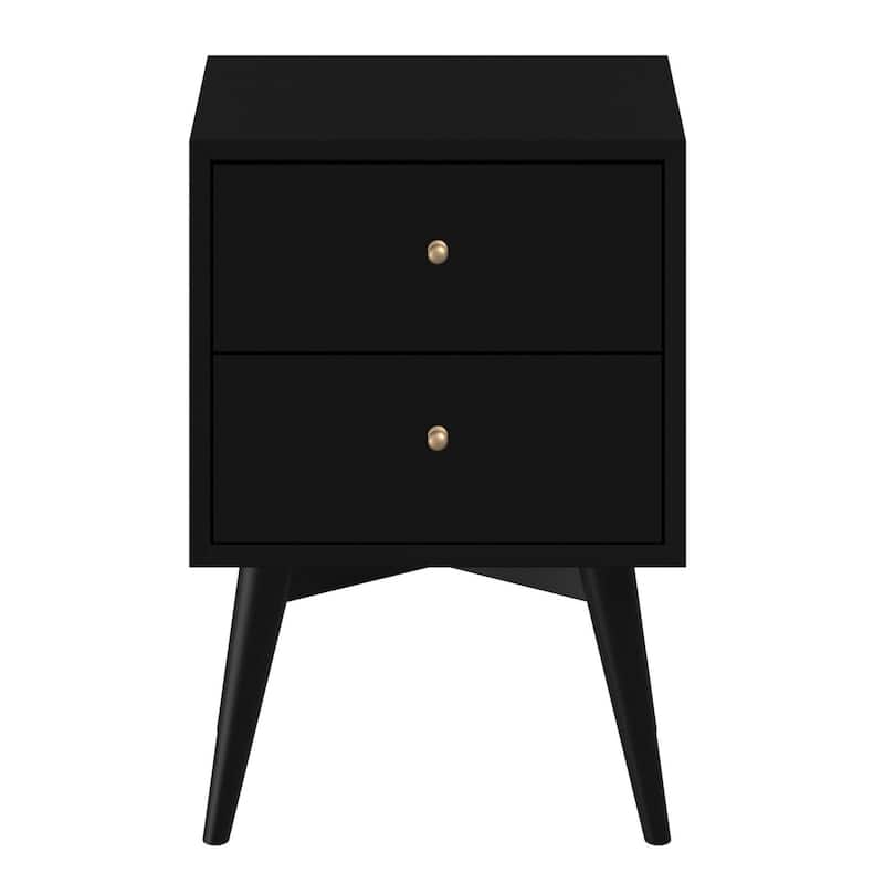 Black Solid Wood 2-Drawer Square Nightstand with Metal Accents and Legs - Black