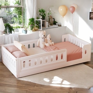 Wood Twin Size Platform Bed with Semi-enclosed Fence