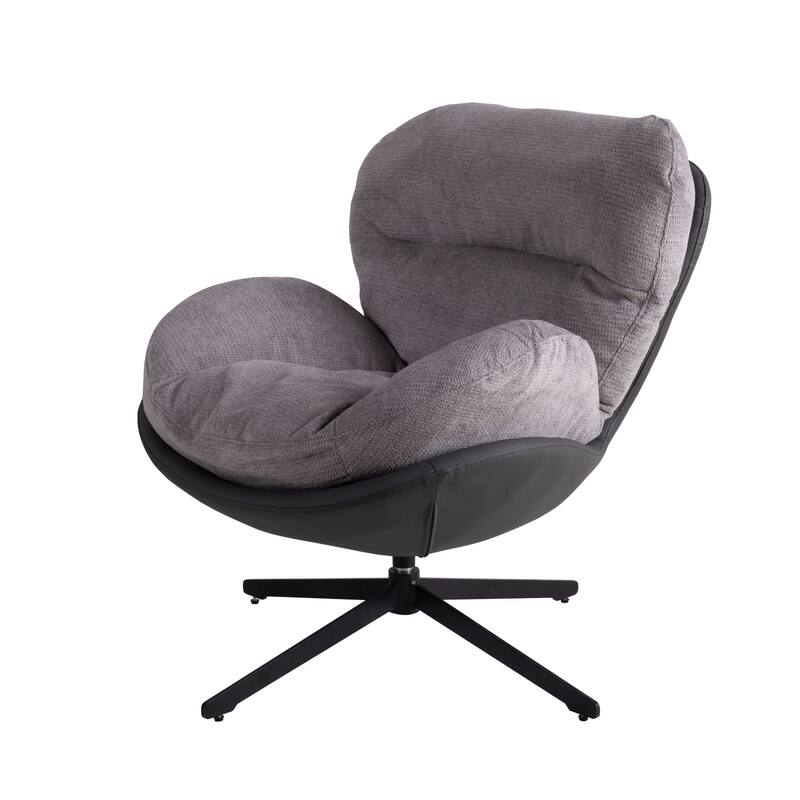 Black+Light Gray Modern 32.25" Chenille 360° Swivel Lounge Chair with Faux Leather Metal Base Frame