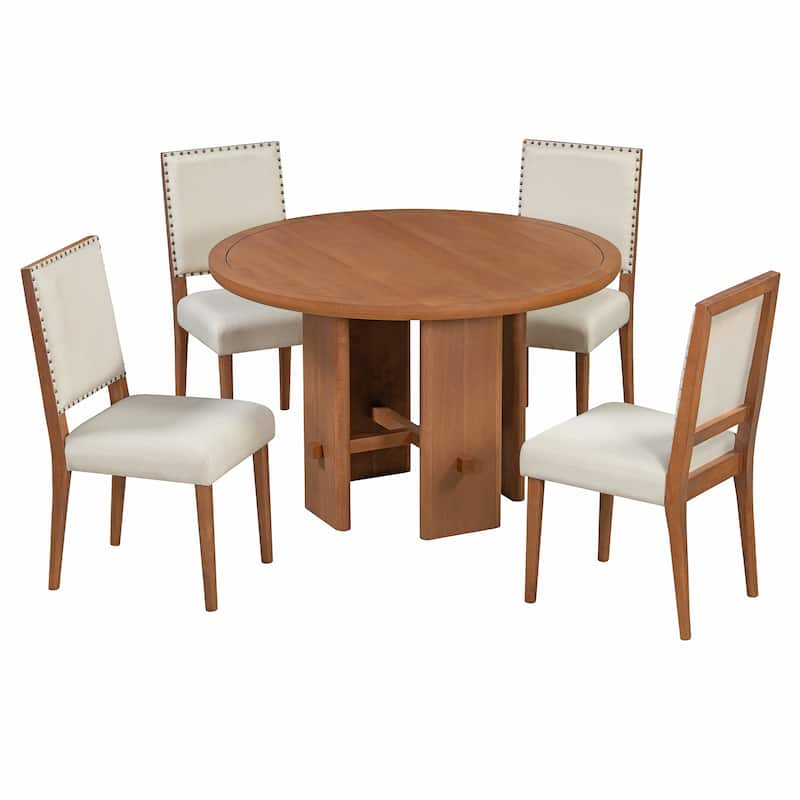 5-Piece Round Dining Table Set with Solid Wood Upholstered Chairs for Minimalist Farmhouse Design