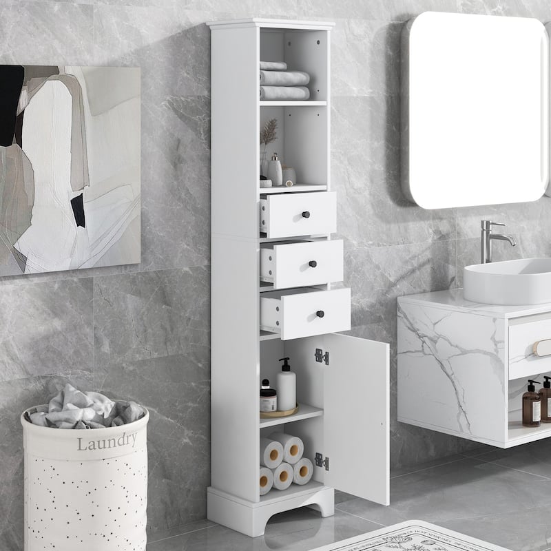 68.3" Inch Tall Freestanding Bathroom Cabinet with 3 Drawers and Adjustable Shelf-White - Bathroom Cabinet