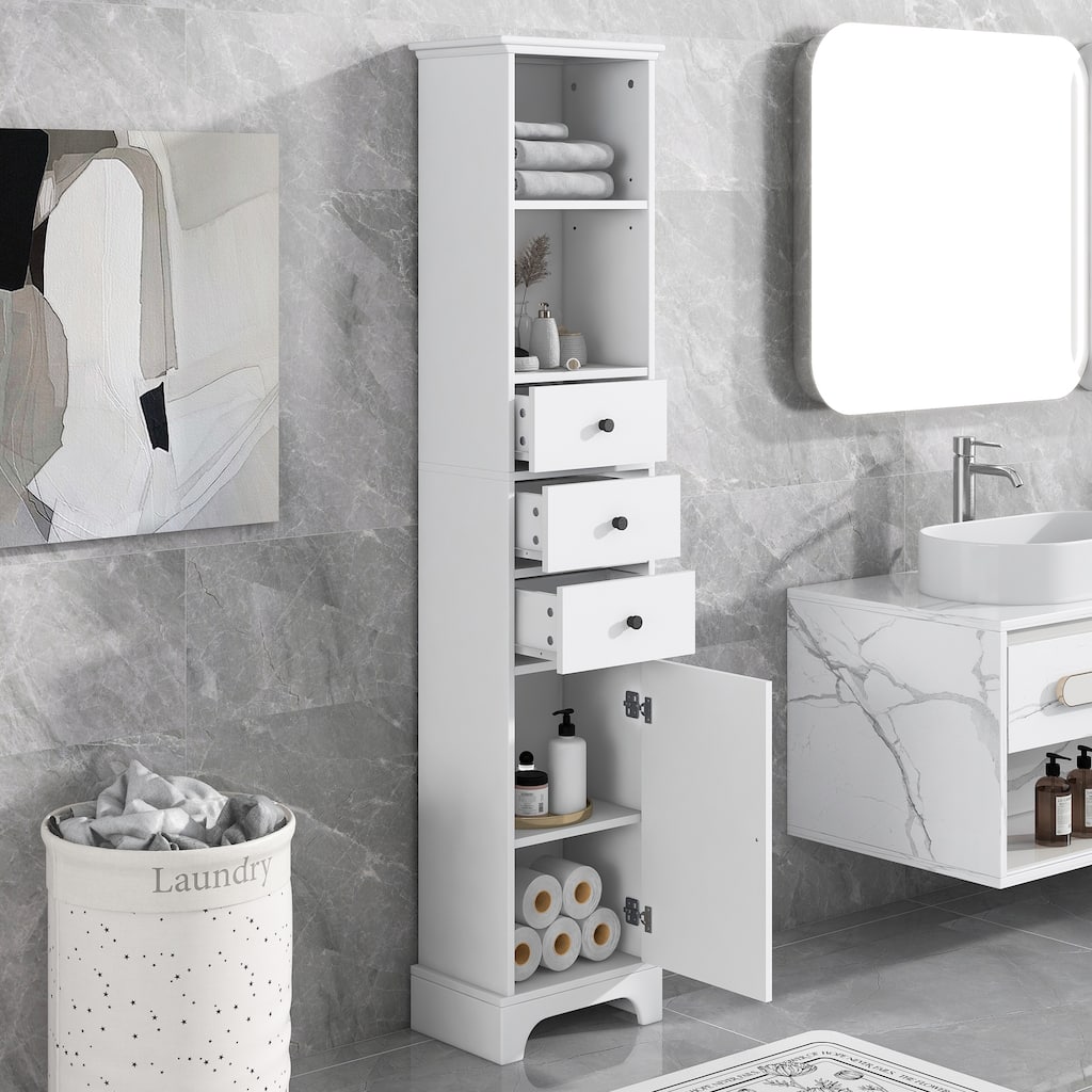 White Tall Bathroom Cabinet, Freestanding Storage Cabinet with 3 Drawers and Adjustable Shelf Minimalist Storage Cabinet