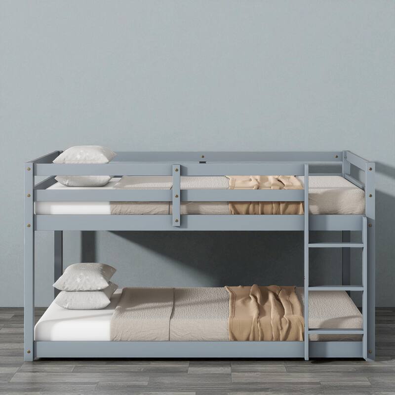 Solid Rubber Wood Twin Over Twin Floor Bunk Bed with Ladder, Low Height Design and Strengthened Slat Support - Grey - Twin